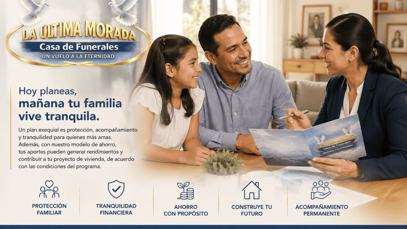 Familia colombiana recibiendo asesoría sobre un plan exequial que ofrece protección familiar, tranquilidad financiera y un modelo de ahorro con propósito de Última Morada Casa de Funerales